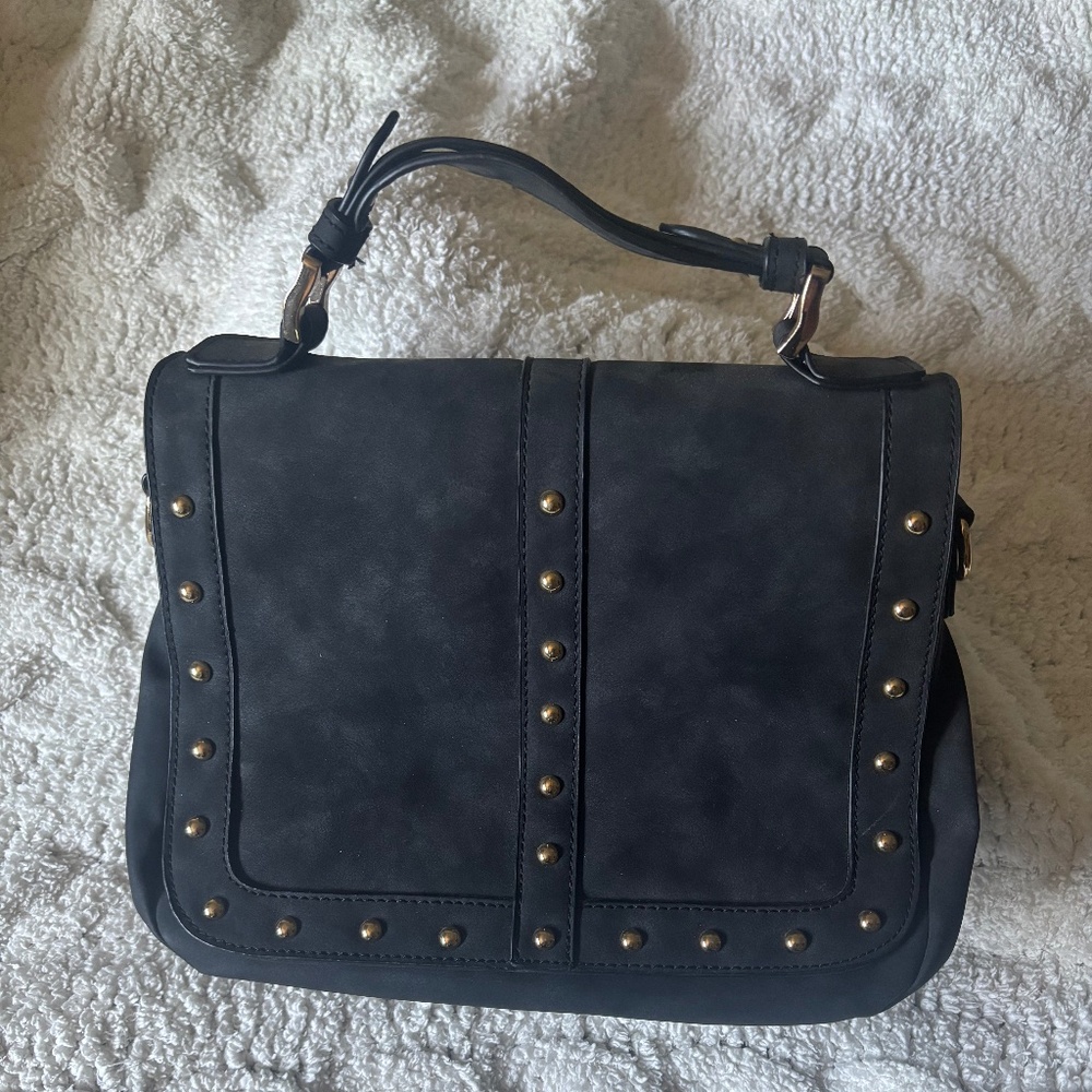 Black Studded Faux Leather Handbag Top Handle Interior Pockets JustFab Crossbody